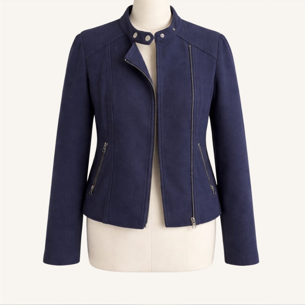 Boden Navy Blue Textured Cotton Wool Blend Asymmetric Zip Moto Jacket US 8 UK 12